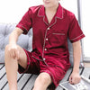 Men Large Size Ice Silk Short Sleeves and Shorts Two-Piece Pajama Set, Size:L(Jujube Red)