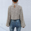 Crop Top Long Sleeve Pullover Turtleneck Leopard Shirt, Size:L(Khaki)