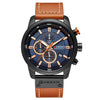 CURREN M8291 Chronograph Watches Casual Leather Watch for Men(Black case blue face)
