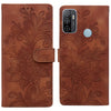 For Samsung Galaxy A33 5G Lace Floral Embossed Magnetic Buckle PU Phone Case With Wrist Strap(Brown)