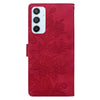 For Samsung Galaxy A54 5G Lace Floral Embossed Magnetic Buckle PU Phone Case With Wrist Strap(Red)