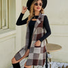 Women Long Suit Collar Sleeveless Sweater Jacket Plaid Jacquard Knit Vest Cardigan, Size: L(Brown)