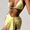 Summer Sexy Halter Bikini Three-piece Suit Solid Lace-up Swimsuit with Breasts Pad, Size: XL(Yellow)