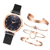 Ladies Magnet Buckle Watch Casual Flower Dial Watch Alloy Mesh Quartz Watch(Black+Bracelet)
