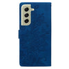 For Samsung Galaxy S21 FE 5G Lace Floral Embossed Magnetic Buckle PU Phone Case With Wrist Strap(Blue)