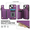 For iPhone 14 Double Flap Zipper RFID Leather Phone Case with Short Lanyard(Dark Purple)