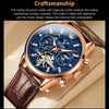 OLEVS 6658 Men Luminous Waterproof Leather Strap Mechanical Watch(Blue + Rose Gold)