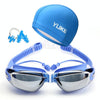 3 in 1 HD Waterproof and Anti-fog Large Frame Siamese Earplugs Swimming Goggles + Swimming Cap + Nose Clip Set for Men and Women(Blue)