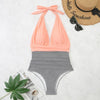 Summer One-piece Backless Lace-Up Ladies Swimsuit Floral-print Halter Bikini, Size: S(Pink+Oblique Strip)