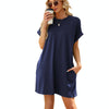 Women Spring Summer Round Neck Pocket Loose Short Sleeve Dress, Size: M(Navy)