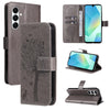 For Samsung Galaxy A26 5G Global Tree & Cat Embossed Pattern Flip Leather Phone Case(Grey)