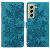 For Samsung Galaxy S21 FE 5G Lace Floral Embossed Magnetic Buckle PU Phone Case With Wrist Strap(Green)