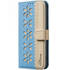 For Samsung Galaxy S23 5G Splicing Color Hollow Flower Pattern RFID Leather Phone Case(Baby Blue)