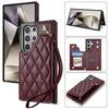 For Samsung Galaxy S25 Ultra 5G Rhombic Dual Buckle Card Slots Phone Case with Lanyard(Wine Red)