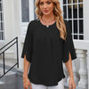 Summer Women Loose Chiffon Blouse Tops Round Neck 5 Points Sleeve Short Sleeve, Size: L(Black)