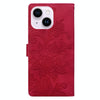 For iPhone 14 Plus / 15 Plus Lace Floral Embossed Magnetic Buckle Leather Phone Case(Red)