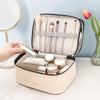 Double Layer Cosmetic Bag PU Transparent Waterproof Travel Portable Large Capacity Storage Bag(Beige)