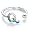 S925 Sterling Silver 26 English Letters Colorful Zircon Women Open Ring, Style:Q