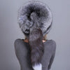 Silver Fox Ladies Winter Thick Warm Fox Fur Bomber Hat with Tail, Size:52-60cm