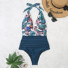 Summer One-piece Backless Lace-Up Ladies Swimsuit Floral-print Halter Bikini, Size: S(Flower+Deep Blue)
