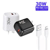 PD30W USB-C / Type-C + QC3.0 USB Charger with 1m USB to 8 Pin Data Cable, AU Plug(White)
