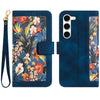 For Samsung Galaxy S23+ 5G Floral Pattern Leather Phone Case with Lanyard(Dark Blue)