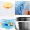 450ml Stainless Steel Interior And Plastic Exterior Double Layer Cartoon Style Bowl With Cover And Handles For Child At Age 2 To 9(Blue)
