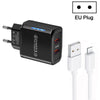 36W Dual Port QC3.0 USB Charger with 3A USB to 8 Pin Data Cable, EU Plug(Black)