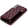 For Samsung Galaxy S21 5G Rhombic Dual Buckle Card Slots Phone Case with Lanyard(Wine Red)
