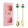 2pcs /Pack Christmas Gift Spoon Cartoon Fruit Fork Dessert Coffee Scoop, Style: Tree (Pink Box)