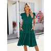 Butterfly Sleeve Layered Hem Dress V-Neck Loose Waist-Cinching Patchwork Dress, Size: XL(Dark Green)