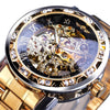 Winner Leisure Skeleton Diamond Luminous Pointer Watch Men Manual Mechanical Watch(Gold Belt Gold Shell Gold Face)
