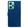For Redmi Note 12 5G Global Lace Floral Embossed Magnetic Buckle PU Phone Case With Wrist Strap(Blue)