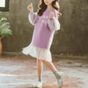 Autumn Girls Fashion Letter Pattern Long Sleeve Lace Stitching Dress, Kid Size:150 Yards(Light Purple)