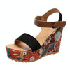 Summer Floral Fabric Slope Heel Women Sandals Comfortable Casual High Heels, Size: 35(Black)