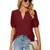 Women Summer Casual V-Neck Hollow Bubble Sleeve Loose T-Shirt, Size: XL(Wine Red)
