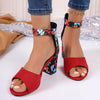 Summer Women Buckle High Heel Sandals Embroidered Chunky Ladies Sandals, Size: 40(Red)