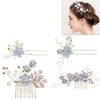 Fashion Flower Hair Combs Headdress Prom Bridal Wedding Hair Accessories Gold Leaves Hair Jewelry Hair Pins(Blue sets)