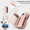 For iPhone 14 Double Flap Zipper RFID Leather Phone Case with Short Lanyard(Rose Gold)