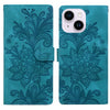 For iPhone 14 Plus / 15 Plus Lace Floral Embossed Magnetic Buckle Leather Phone Case(Green)