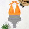 Summer One-piece Backless Lace-Up Ladies Swimsuit Floral-print Halter Bikini, Size: S(Orange+Oblique Strip)