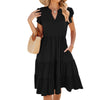 Butterfly Sleeve Layered Hem Dress V-Neck Loose Waist-Cinching Patchwork Dress, Size: L(Black)