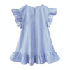 Girls Neckline Tassel Vertical Stripes Ruffled Dress, Height:90cm(Blue)