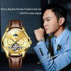 OLEVS 6663 Men Multifunctional Waterproof Hollow Leather Strap Mechanical Watch(Gold + Brown)