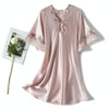 Scalloped Edge V-Neck Mid Sleeve Loose Women Nightdress, Size:L(Pink)