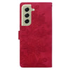 For Samsung Galaxy S21 5G Lace Floral Embossed Magnetic Buckle PU Phone Case With Wrist Strap(Red)