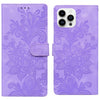 For iPhone 15 Pro Lace Floral Embossed Magnetic Buckle Leather Phone Case(Purple)