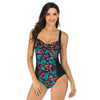 DS02 Ladies Suspender One-Piece Swimsuit With Chest Pad, Size: XXL(Black Bottomed Leaf Flowers)