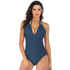 DS40 Ladies Slim and Conservative Halter Neck Swimsuit, Size: S(Dark Blue)