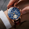 OLEVS 6658 Men Luminous Waterproof Leather Strap Mechanical Watch(Blue + Rose Gold)